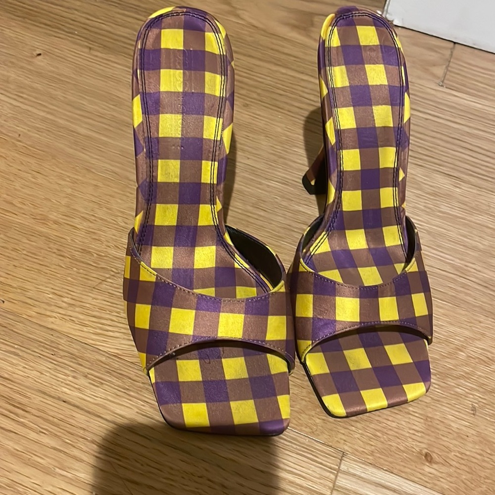 Open Toe Mules Pattern Plaid Heels - image 4